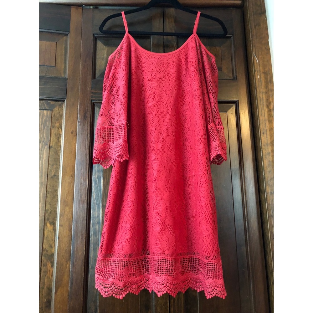 Coral open shoulder lace dress